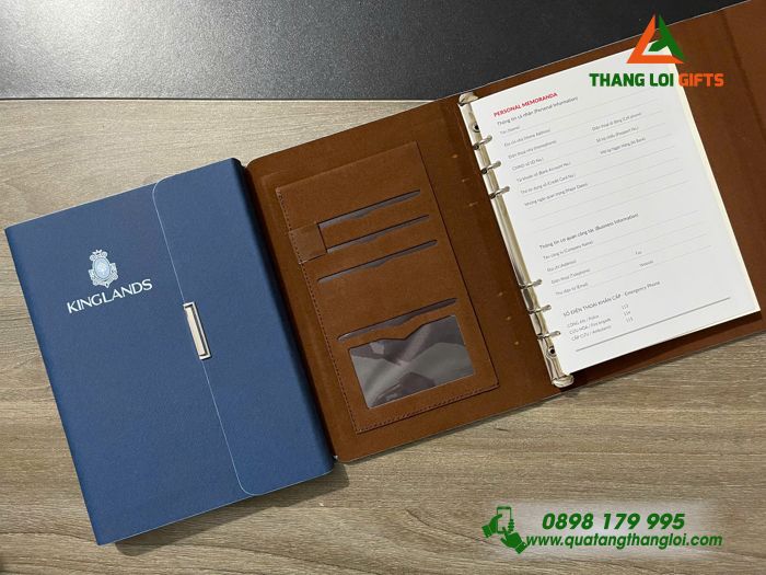 Sổ Tay Bìa Còng Gập 3 Màu Xanh - In Logo Doanh Nghiệp KINGLANDS