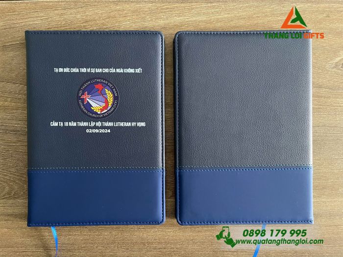 Sổ Tay Dán Gáy Màu Xanh - In Logo Hội Thánh Lutheran Việt Nam