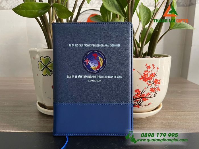 Sổ Tay Dán Gáy Màu Xanh - In Logo Hội Thánh Lutheran Việt Nam