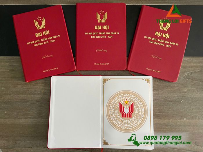 Sổ Tay Dán Gáy Màu Đỏ - Ép Kim Logo Đại Hội