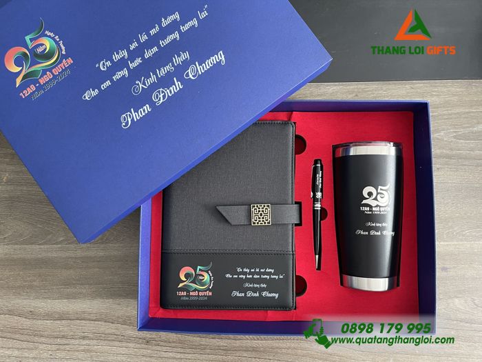 Set Quà Tặng (Sổ+ Ly+ Bút) Màu Đen - In Khắc Logo 25 Năm Trường Ngô Quyền