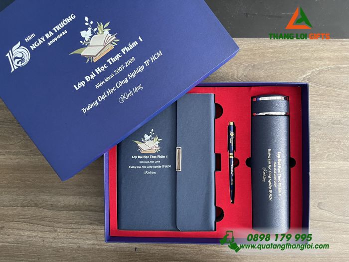 Combo Quà Tặng (Sổ+ Bình+ Bút) Màu Xanh - In Khắc Logo Kỷ Niệm 15 Năm Ngày Ra Trường