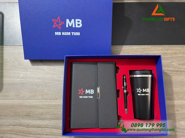 Combo Quà Tặng (Sổ+ Ly+ Bút) Màu Đen - In Khắc Logo Ngân Hàng MB Bank