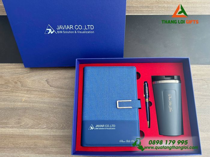 Combo Quà Tặng (Sổ+ Ly+ Bút) Màu Xanh - In Khắc Logo Doanh Nghiệp JAVIAR