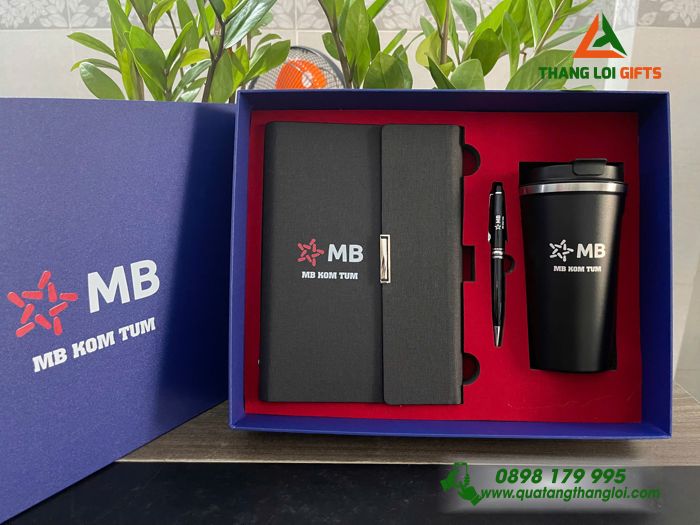 Combo Quà Tặng (Sổ+ Ly+ Bút) Màu Đen - In Khắc Logo Ngân Hàng MB Bank