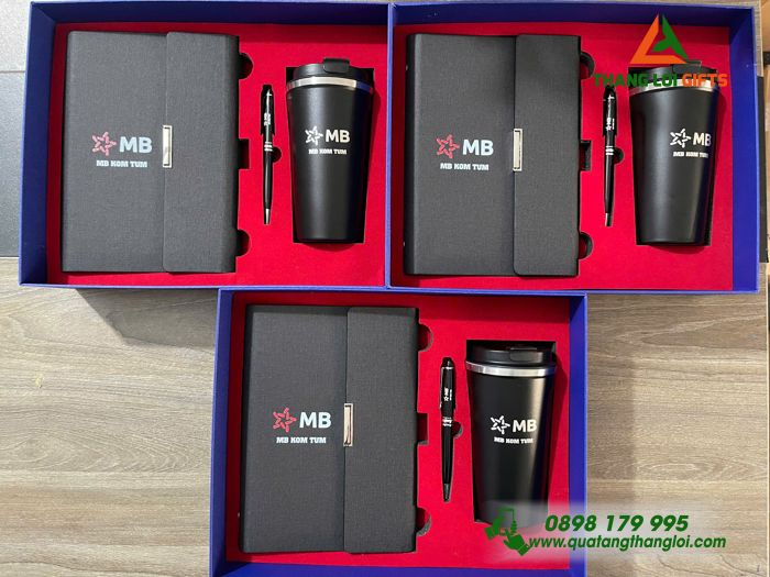 Combo Quà Tặng (Sổ+ Ly+ Bút) Màu Đen - In Khắc Logo Ngân Hàng MB Bank