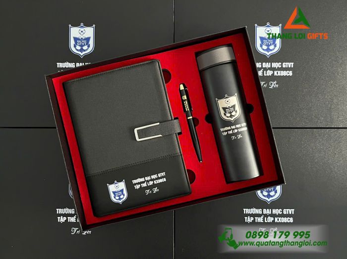 Bộ Quà Tặng (Sổ+ Bình+ Bút) Màu Đen - In Khắc Logo Trường Đại Học Giao Thông Vận Tải