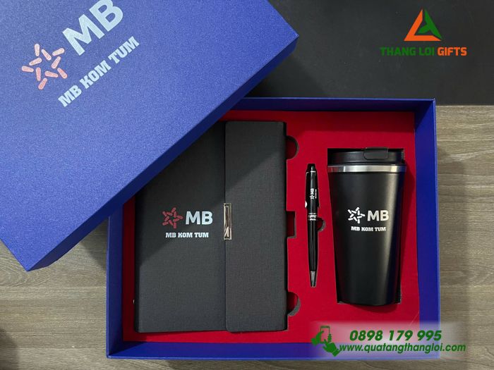 Combo Quà Tặng (Sổ+ Ly+ Bút) Màu Đen - In Khắc Logo Ngân Hàng MB Bank