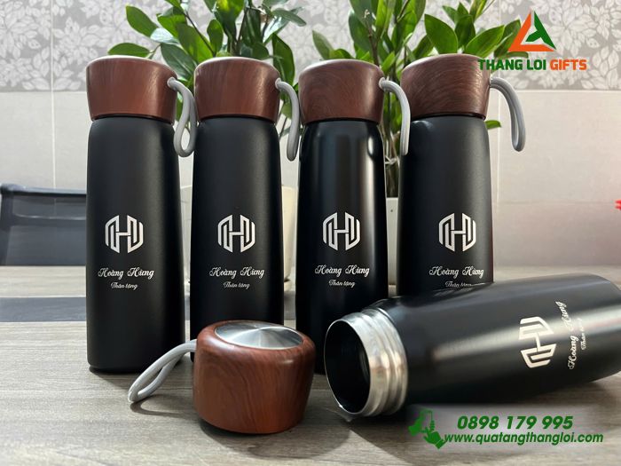 Bình Giữ Nhiệt Nắp Vân Gỗ Màu Đen - Khắc Tên Logo Làm Quà Tặng