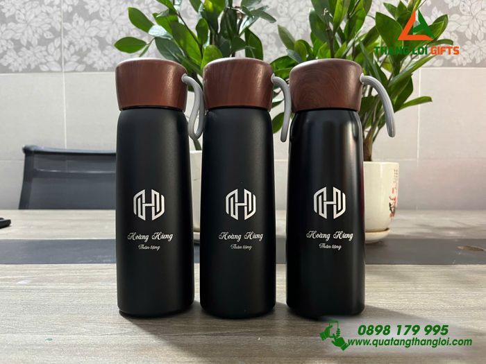 Bình Giữ Nhiệt Nắp Vân Gỗ Màu Đen - Khắc Tên Logo Làm Quà Tặng