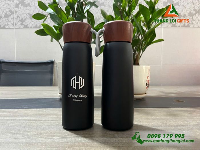 Bình Giữ Nhiệt Nắp Vân Gỗ Màu Đen - Khắc Tên Logo Làm Quà Tặng