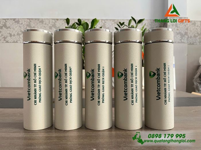 Bình Giữ Nhiệt Sơn Nhám Màu Trắng Kem - In Logo Ngân Hàng Vietcombank