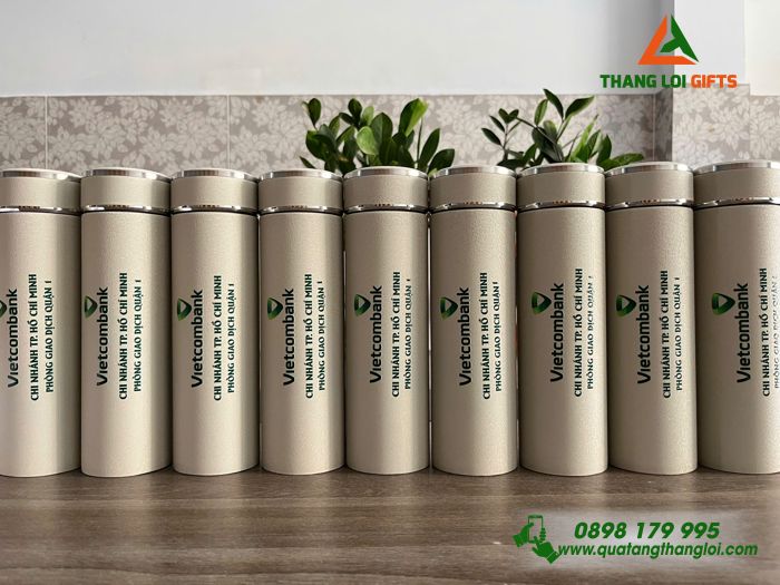 Bình Giữ Nhiệt Sơn Nhám Màu Trắng Kem - In Logo Ngân Hàng Vietcombank