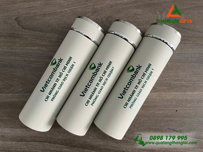 Bình Giữ Nhiệt Sơn Nhám Màu Trắng Kem - In Logo Ngân Hàng Vietcombank