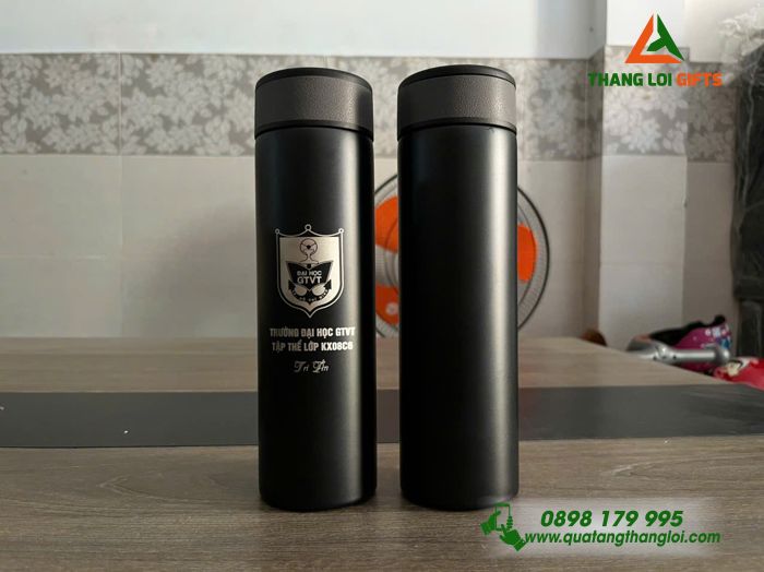 Bình Giữ Nhiệt Hiện Đèn Led Màu Đen - Khắc Logo Trường Đại Học Giao Thông Vận Tải