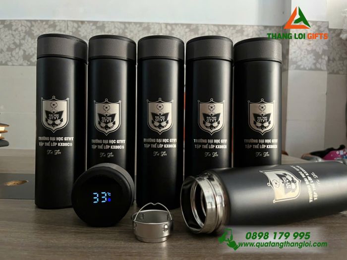 Bình Giữ Nhiệt Hiện Đèn Led Màu Đen - Khắc Logo Trường Đại Học Giao Thông Vận Tải