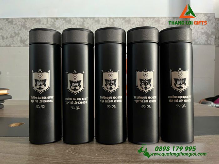 Bình Giữ Nhiệt Hiện Đèn Led Màu Đen - Khắc Logo Trường Đại Học Giao Thông Vận Tải
