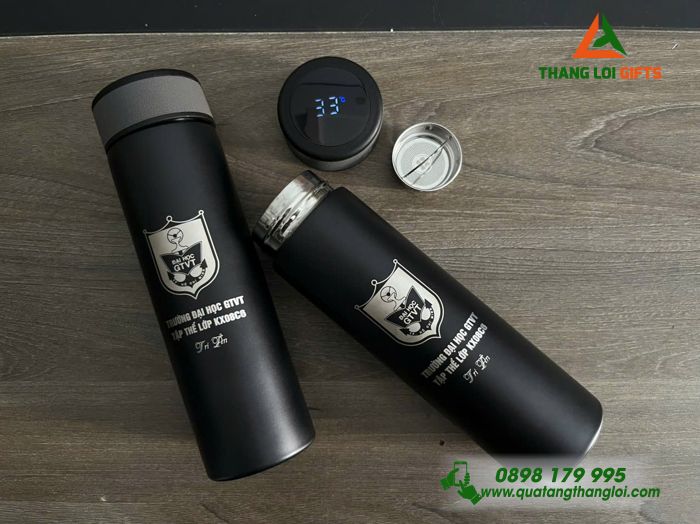 Bình Giữ Nhiệt Hiện Đèn Led Màu Đen - Khắc Logo Trường Đại Học Giao Thông Vận Tải