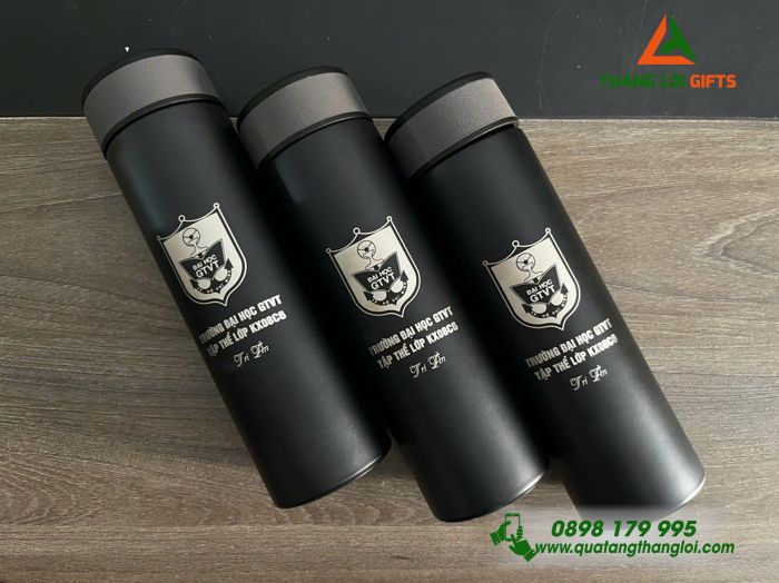 Bình Giữ Nhiệt Hiện Đèn Led Màu Đen - Khắc Logo Trường Đại Học Giao Thông Vận Tải