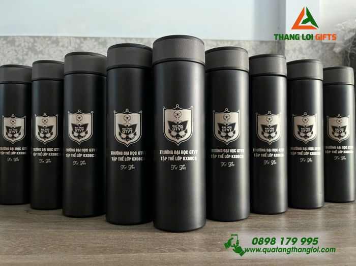 Bình Giữ Nhiệt Hiện Đèn Led Màu Đen - Khắc Logo Trường Đại Học Giao Thông Vận Tải