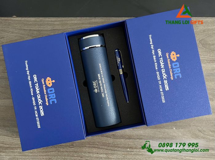 Combo Quà Tặng (Bình Giữ Nhiệt & Bút Ký) Màu Xanh - In Khắc Logo ORC Trường Đại Học Bách Khoa