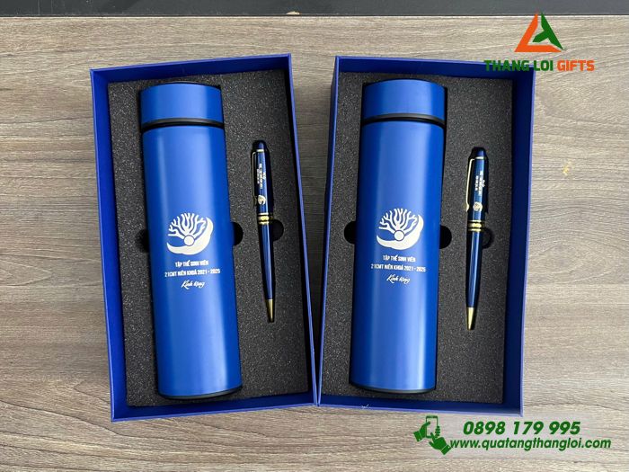 Set Quà Tặng (Bình Giữ Nhiệt & Bút Ký) Màu Xanh - In Khắc Logo Tập Thể Sinh Viên 21CMT