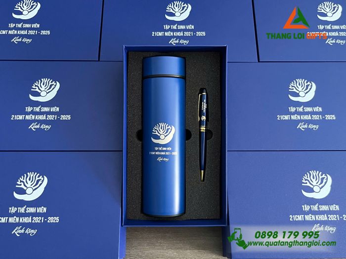 Set Quà Tặng (Bình Giữ Nhiệt & Bút Ký) Màu Xanh - In Khắc Logo Tập Thể Sinh Viên 21CMT