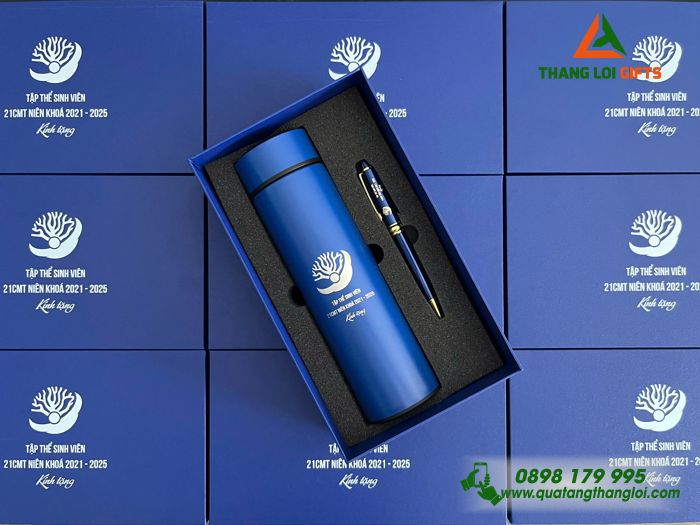 Set Quà Tặng (Bình Giữ Nhiệt & Bút Ký) Màu Xanh - In Khắc Logo Tập Thể Sinh Viên 21CMT