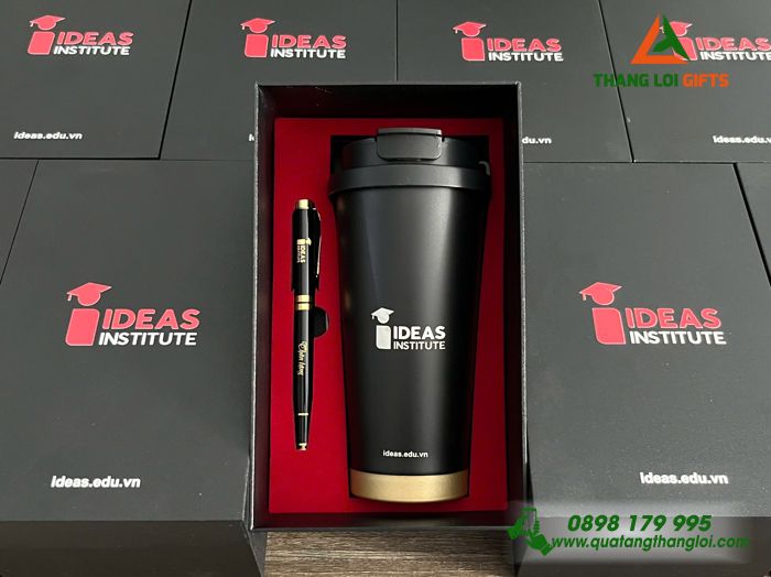 Set Quà Tặng (Ly Giữ Nhiệt & Bút Ký) Màu Đen -In Khắc Logo Doanh Nghiệp IDEAS Institute