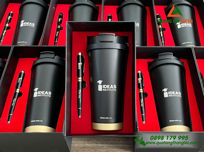 Set Quà Tặng (Ly Giữ Nhiệt & Bút Ký) Màu Đen -In Khắc Logo Doanh Nghiệp IDEAS Institute