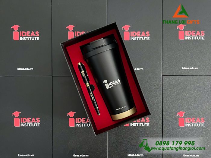 Set Quà Tặng (Ly Giữ Nhiệt & Bút Ký) Màu Đen -In Khắc Logo Doanh Nghiệp IDEAS Institute