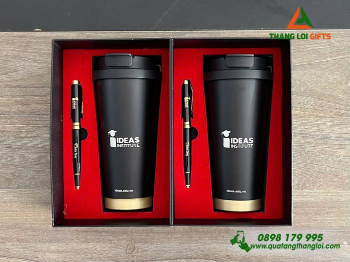 Set Quà Tặng (Ly Giữ Nhiệt & Bút Ký) Màu Đen -In Khắc Logo Doanh Nghiệp IDEAS Institute