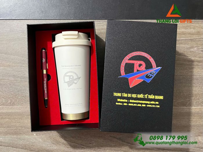 Combo Quà Tặng (Ly Giữ Nhiệt & Bút Ký) - In Khắc Logo Trung Tâm Du Học Quốc Tế Trần Quang