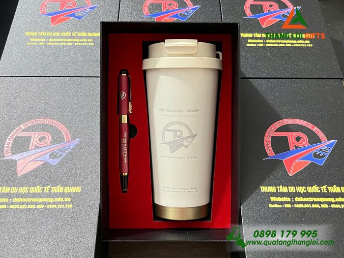 Combo Quà Tặng (Ly Giữ Nhiệt & Bút Ký) - In Khắc Logo Trung Tâm Du Học Quốc Tế Trần Quang