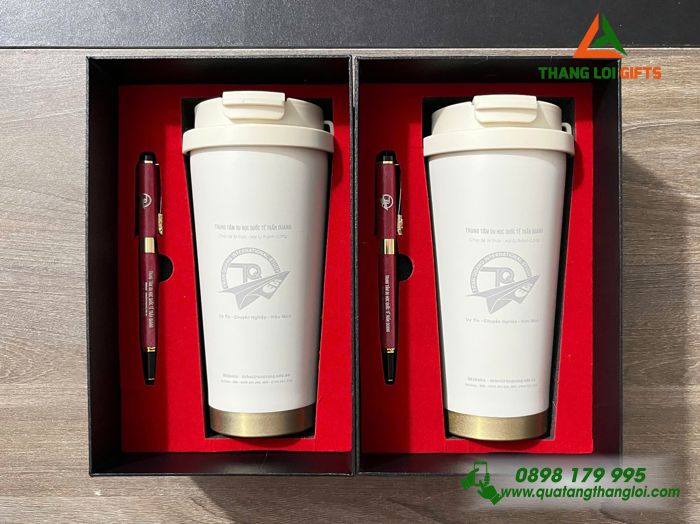 Combo Quà Tặng (Ly Giữ Nhiệt & Bút Ký) - In Khắc Logo Trung Tâm Du Học Quốc Tế Trần Quang