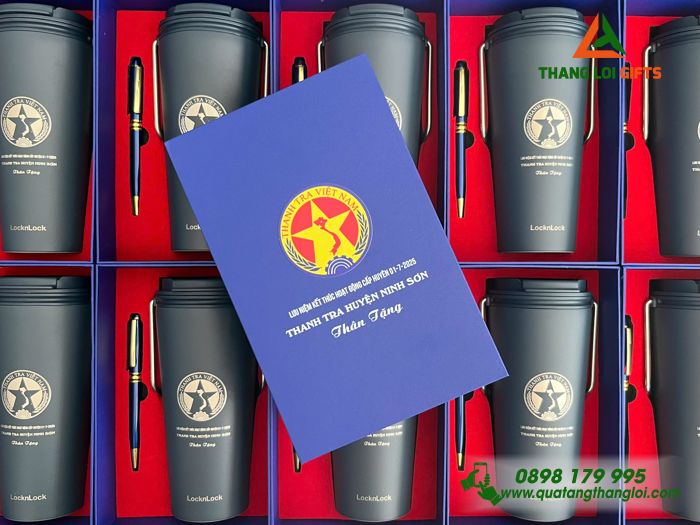 Bộ Quà Tặng (Ly Giữ Nhiệt Lock&Lock & Bút Ký) Màu Xanh - In Khắc Logo Thanh Tra Việt Nam