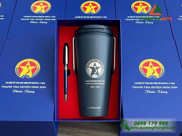 Bộ Quà Tặng (Ly Giữ Nhiệt Lock&Lock & Bút Ký) Màu Xanh - In Khắc Logo Thanh Tra Việt Nam