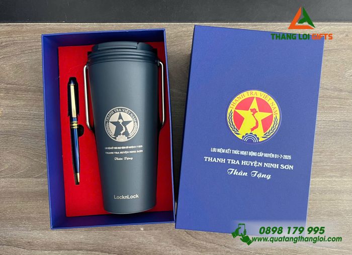 Bộ Quà Tặng (Ly Giữ Nhiệt Lock&Lock & Bút Ký) Màu Xanh - In Khắc Logo Thanh Tra Việt Nam