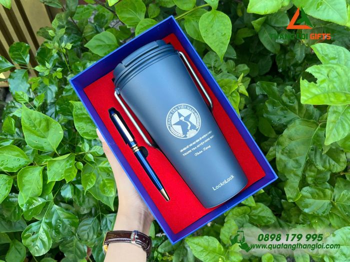 Bộ Quà Tặng (Ly Giữ Nhiệt Lock&Lock & Bút Ký) Màu Xanh - In Khắc Logo Thanh Tra Việt Nam