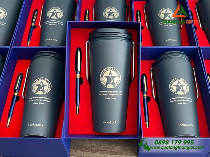Bộ Quà Tặng (Ly Giữ Nhiệt Lock&Lock & Bút Ký) Màu Xanh - In Khắc Logo Thanh Tra Việt Nam