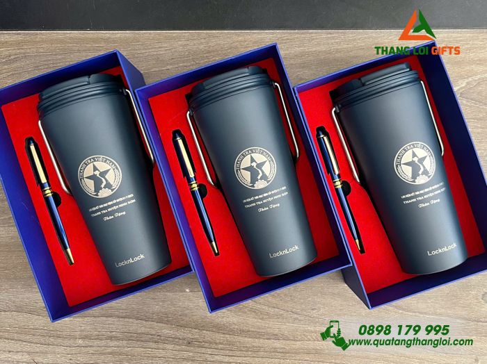 Bộ Quà Tặng (Ly Giữ Nhiệt Lock&Lock & Bút Ký) Màu Xanh - In Khắc Logo Thanh Tra Việt Nam