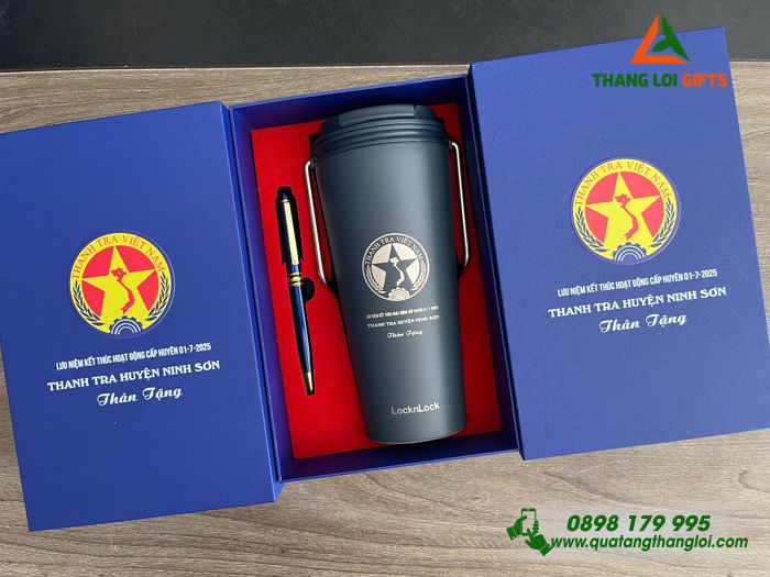 Bộ Quà Tặng (Ly Giữ Nhiệt Lock&Lock & Bút Ký) Màu Xanh - In Khắc Logo Thanh Tra Việt Nam
