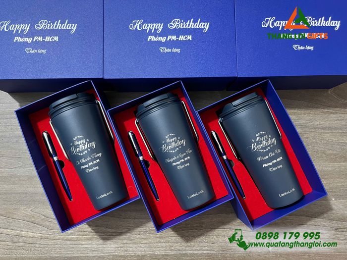Bộ Quà Tặng (Ly Giữ Nhiệt Lock&Lock & Bút Ký) Màu Xanh - In Khắc Nội Dung Mừng Sinh Nhật