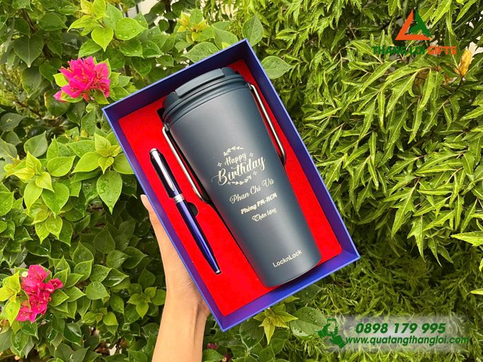 Bộ Quà Tặng (Ly Giữ Nhiệt Lock&Lock & Bút Ký) Màu Xanh - In Khắc Nội Dung Mừng Sinh Nhật