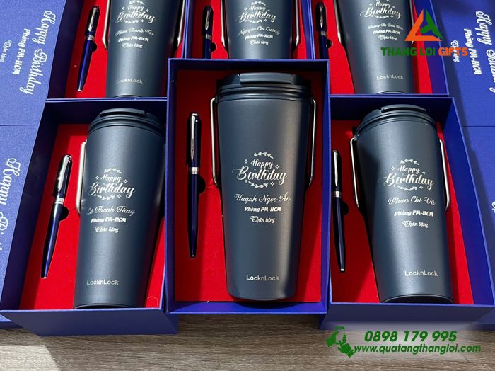 Bộ Quà Tặng (Ly Giữ Nhiệt Lock&Lock & Bút Ký) Màu Xanh - In Khắc Nội Dung Mừng Sinh Nhật