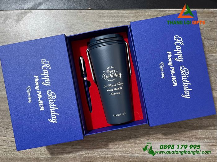 Bộ Quà Tặng (Ly Giữ Nhiệt Lock&Lock & Bút Ký) Màu Xanh - In Khắc Nội Dung Mừng Sinh Nhật