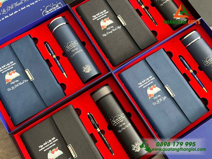 Combo Quà Tặng (Sổ+ Bình+ Bút) Màu Đen - In Khắc Tên Trường THCS Linh Trung