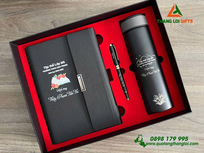 Combo Quà Tặng (Sổ+ Bình+ Bút) Màu Đen - In Khắc Tên Trường THCS Linh Trung