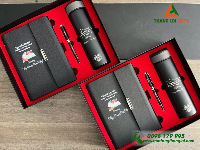 Combo Quà Tặng (Sổ+ Bình+ Bút) Màu Đen - In Khắc Tên Trường THCS Linh Trung