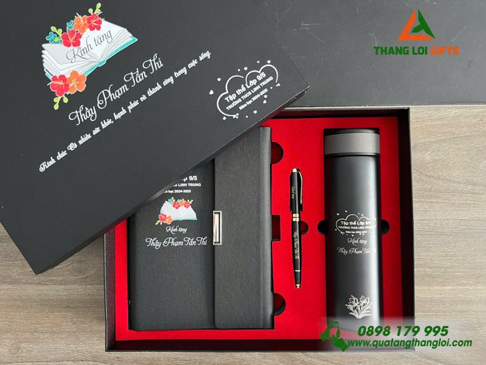 Combo Quà Tặng (Sổ+ Bình+ Bút) Màu Đen - In Khắc Tên Trường THCS Linh Trung